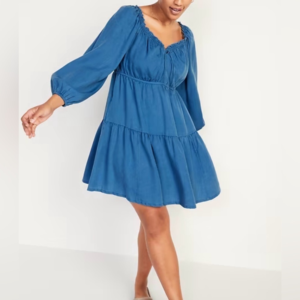 Old Navy NWT Women's Light Denim Ruffled Tie-Neck Swing Dress Smocked Size XL